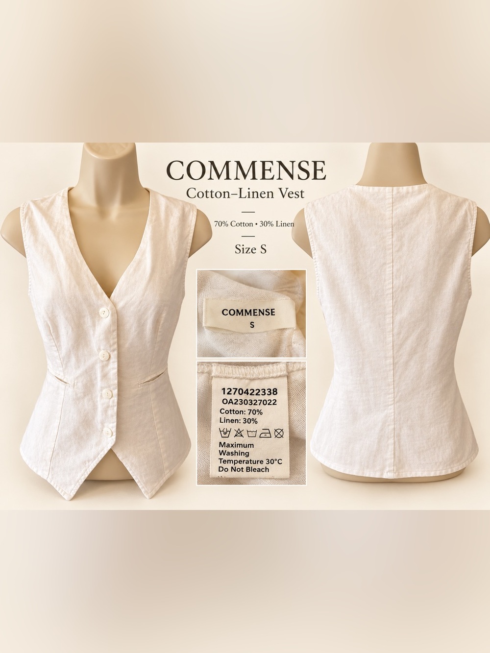 COMMENSE Cotton Linen Vest Small White Button Front